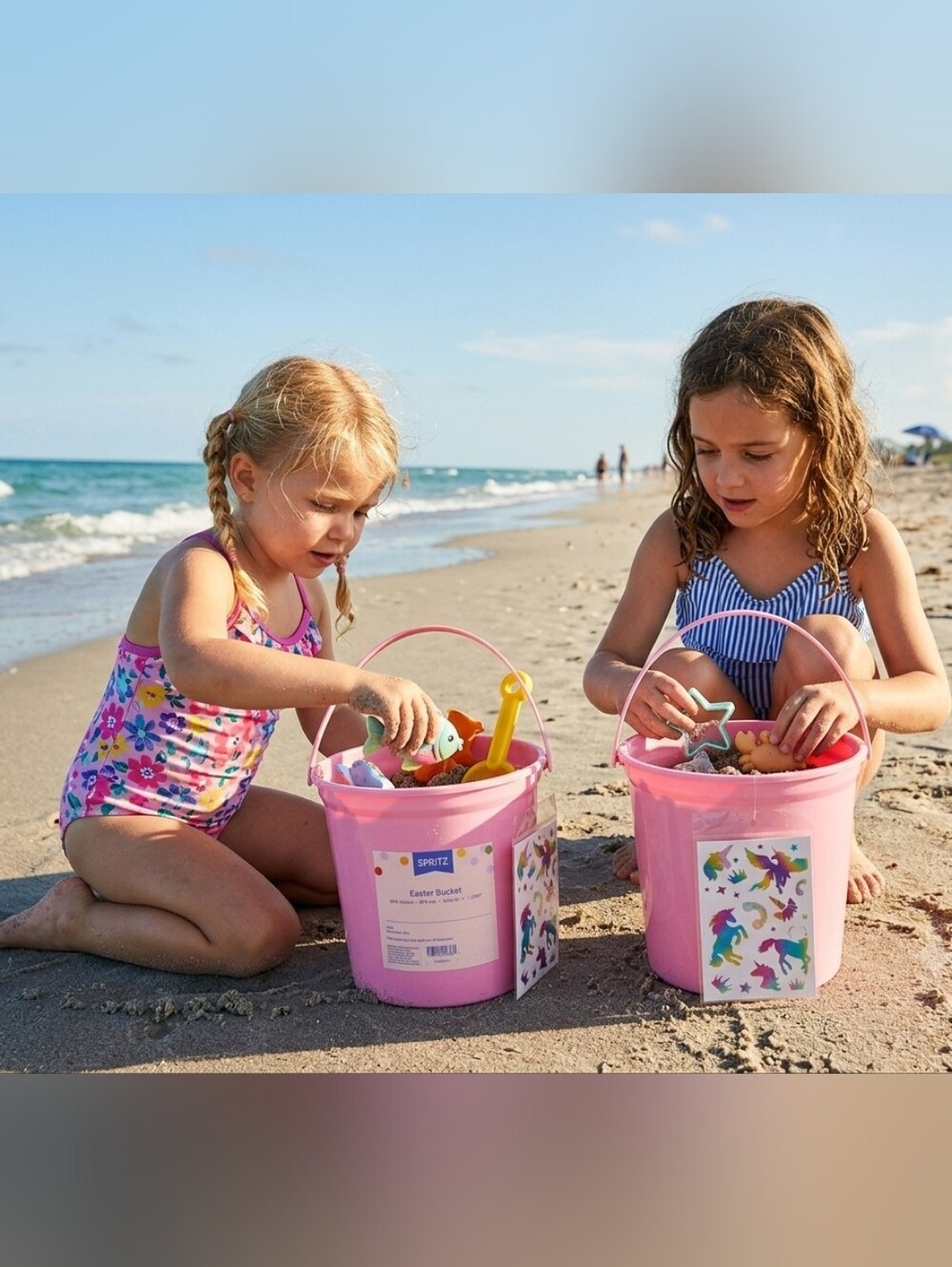 🍎 NWT 2 Spritz Buckets w/ Festive Decorative Unicorn Rainbow Stickers Swim Pale